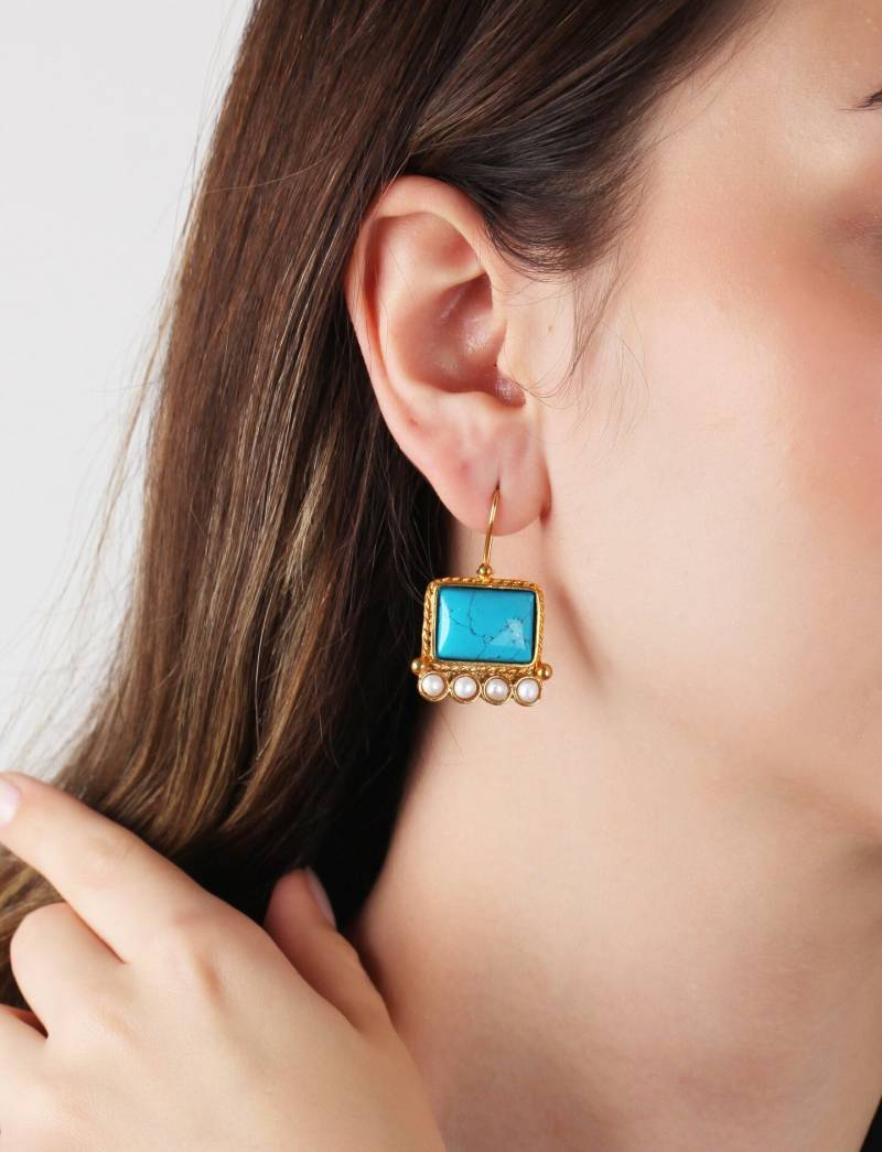 Handgemachte Türkis & Perlen Gold Baumeln Ohrringe Türkisch Schmuck von MeyArtDesign