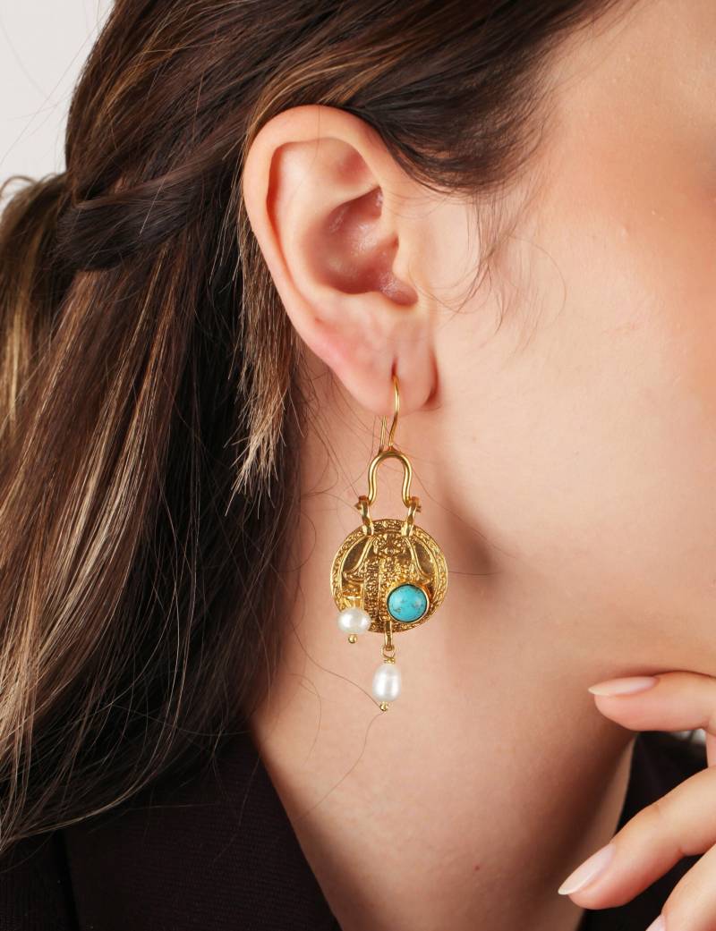Handgemachte Türkis & Perlen Gold Baumeln Ohrringe Türkisch Schmuck von MeyArtDesign