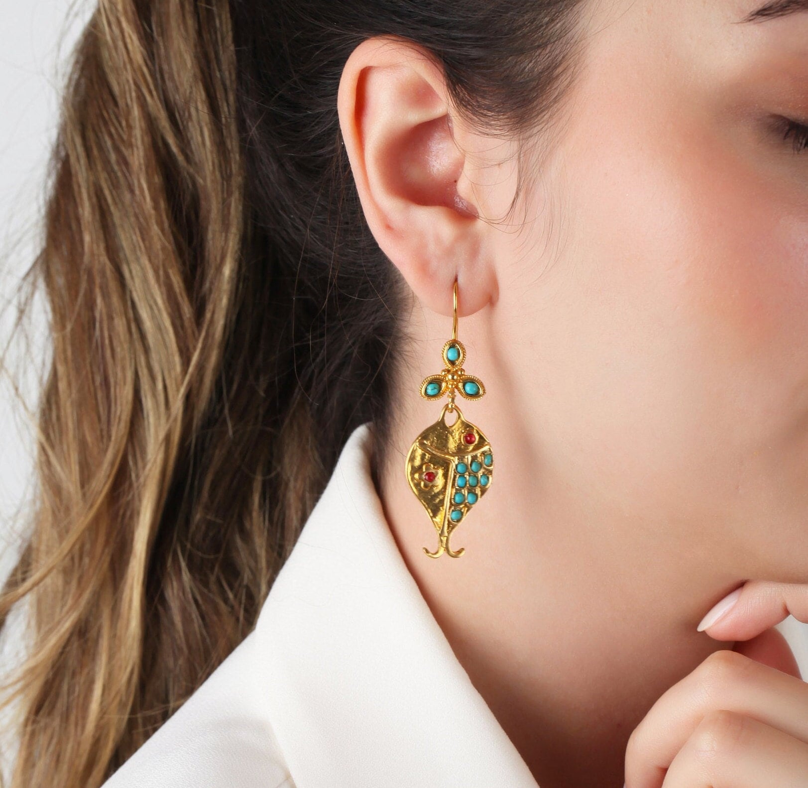 Handgemachte Türkis & Perlen Gold Baumeln Ohrringe Türkisch Schmuck von MeyArtDesign