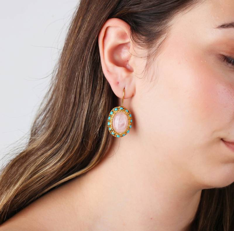 Handgemachte Turquoise & Pink Edelstein Gold Ohrhänger von MeyArtDesign