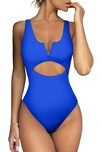 Meyeeka Damen Einteiler Badeanzüge Bauchkontrolle Badeanzüge V-Ausschnitt Bademode Hoher Schnitt Monokini, Blau, Medium von Meyeeka