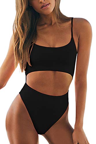 Meyeeka Damen-Monokini mit U-Ausschnitt vorne, Schnürung, hinten hoch geschnitten, Einteiler-Badeanzug - Schwarz - Small von Meyeeka