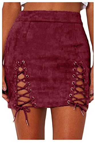 Meyeeka Damen Sexy High Taille Lace Up Bodycon-Veloursleder-Split-fester Minirock Large Weinrot von Meyeeka