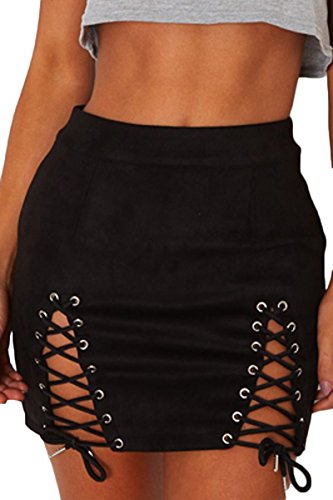 Meyeeka Damen Sexy High Taille Lace Up Bodycon-Veloursleder-Split-fester Minirock Medium Schwarz von Meyeeka