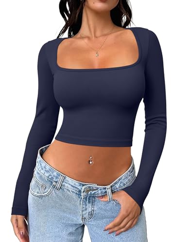 Meyeeka Damen Sexy Langarm Crop Top Nahtlos Quadratischer Ausschnitt Trendy T Shirt Tops, Marineblau, Mittel von Meyeeka