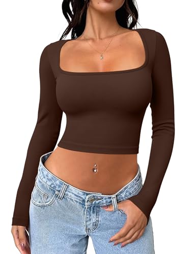 Meyeeka Damen Sexy Langarm Crop Top Nahtlos Quadratischer Ausschnitt Trendy T Shirt Tops, Zimt, Klein von Meyeeka