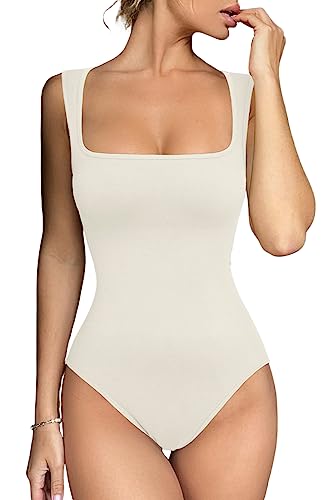 Meyeeka Damen Sexy Nahtlose Bodysuit Quadratischer Ausschnitt Ärmellos Tapered Schultergurte Tank Tops Sommer, Beige, M von Meyeeka