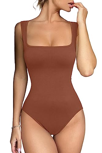 Meyeeka Damen Sexy Nahtlose Bodysuit Quadratischer Ausschnitt Ärmellos Tapered Schultergurte Tank Tops Sommer, Carob Brown, M von Meyeeka