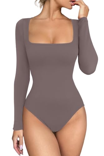 Meyeeka Damen Sexy Square Neck Bodysuit Langarm Nahtloses Shirt Bauchkontrolle Tops, GRAU, S von Meyeeka