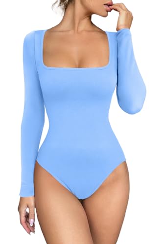 Meyeeka Damen Sexy Square Neck Bodysuit Langarm Nahtloses Shirt Bauchkontrolle Tops, Hell, blau, S von Meyeeka