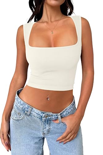 Meyeeka Ärmelloses Crop-Top für Damen, nahtlos, quadratischer Ausschnitt, trendiges Tanktop, Beige, Klein von Meyeeka