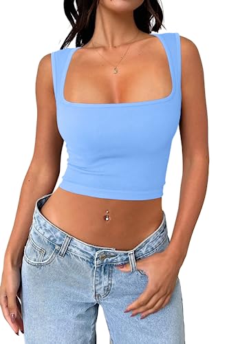 Meyeeka Damen Sexy ärmelloses Crop Top Nahtlos quadratischer Ausschnitt Trendy Tank Top, Della Robbia Blau, Groß von Meyeeka