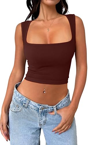 Meyeeka Damen Sexy ärmelloses Crop Top Nahtlos quadratischer Ausschnitt Trendy Tank Top, Zimt, Groß von Meyeeka