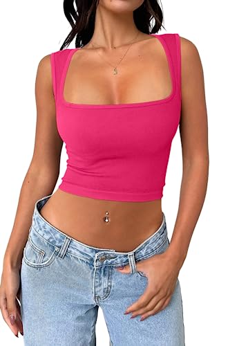 Meyeeka Damen Sexy ärmelloses Crop Top Nahtlos quadratischer Ausschnitt Trendy Tank Top, azalee, Klein von Meyeeka