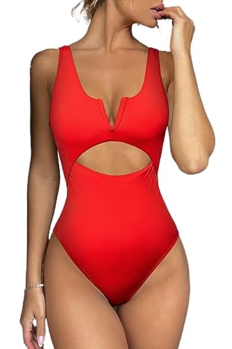 Meyeeka Einteiliger Damen-Badeanzug, Bauchkontrolle, Badeanzug für Damen, Push-Up-Bademode, V-Ausschnitt, hoher Schnitt, Monokini, Rot/Ausflug, einfarbig (Getaway Solids), Large von Meyeeka