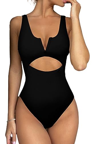 Meyeeka Einteiliger Damen-Badeanzug, Bauchkontrolle, Badeanzug für Damen, Push-Up-Bademode, V-Ausschnitt, hoher Schnitt, Monokini, Schwarz, XL von Meyeeka