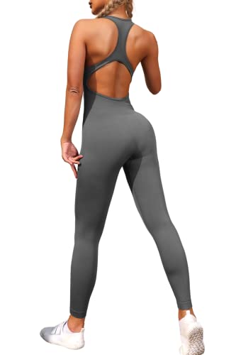 Meyeeka Gerippter Jumpsuit für Damen, nahtlos, Bauchkontrolle, Strampler, hoch geschnittener Jumpsuits mit gepolsterter Brust, GRAU, Medium von Meyeeka