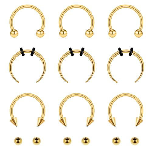 9 Stück Septum Piercing Ring 16G Chirurgenstahl Hufeisen Augenbrauen Piercing Nasenpiercing Lippenpiercing Ring mit Ersatz Kugeln Damen Herren (Gold) von Meyeyaia