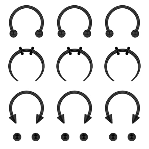 9 Stück 10mm Septum Piercing Ring 16G Chirurgenstahl Hufeisen Augenbrauen Piercing Nasenpiercing Lippenpiercing Ring mit Ersatz Kugeln Damen Herren (Schwarz) von Meyeyaia