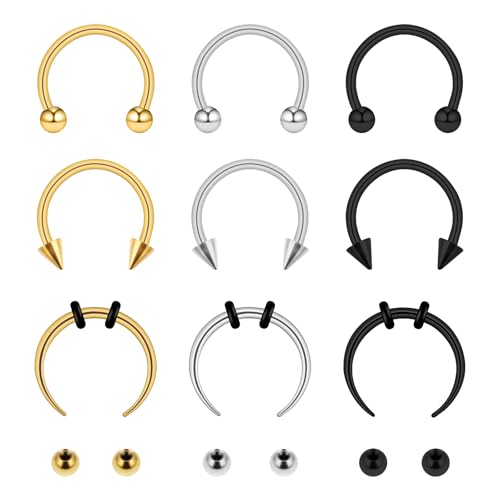 9 Stück Hufeisen Septum Piercing Ring 16G Chirurgenstahl Augenbrauen Piercing 10mm Nasenpiercing Lippenpiercing Ring mit Ersatz Kugeln Damen Herren (Schwarz, Gold, Silber) von Meyeyaia