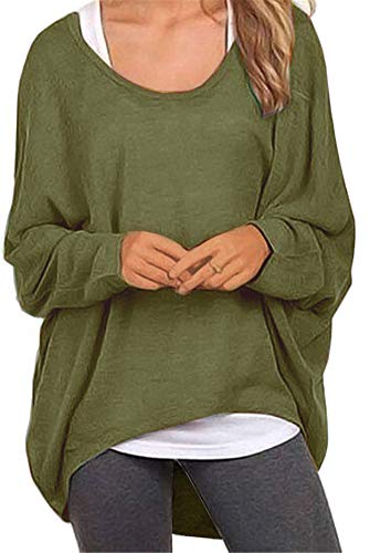 Meyison Damen Lose Asymmetrisch Sweatshirt Pullover Bluse Oberteile Oversized Tops T-Shirt Armee Grün L von Meyison