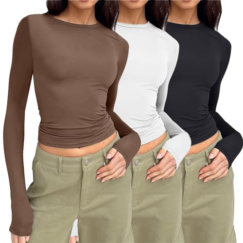 Langarmshirt Damen Rundhals, 3PC Baumwolle Slim Fit Oberteile Tshirt, Y2k Elegant Skim Shirt Tops, Yoga Workout Einfarbig Blusen von Meytudock