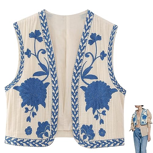 MezHi Bestickte Weste Damen, Damen Vintage Blumen Stickerei Kurze Weste Jacke,Embroidered Waistcoat Women, Women Vintage Floral Embroidered Vest, Women Y2k Vintage Embroidered Vest von MezHi