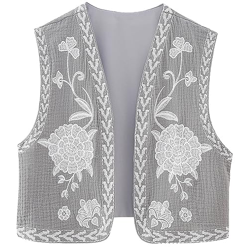 MezHi Bestickte Weste Damen, Damen Vintage Blumen Stickerei Kurze Weste Jacke,Embroidered Waistcoat Women, Women Vintage Floral Embroidered Vest, Women Y2k Vintage Embroidered Vest von MezHi