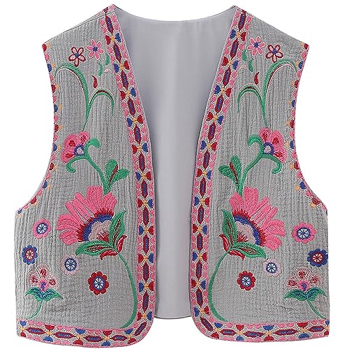 MezHi Bestickte Weste Damen, Damen Vintage Blumen Stickerei Kurze Weste Jacke,Embroidered Waistcoat Women, Women Vintage Floral Embroidered Vest, Women Y2k Vintage Embroidered Vest von MezHi