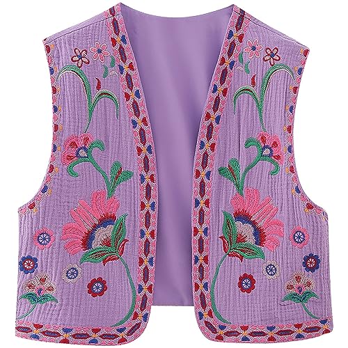 MezHi Bestickte Weste Damen, Damen Vintage Blumen Stickerei Kurze Weste Jacke,Embroidered Waistcoat Women, Women Vintage Floral Embroidered Vest, Women Y2k Vintage Embroidered Vest von MezHi