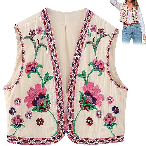 MezHi Bestickte Weste Damen, Damen Vintage Blumen Stickerei Kurze Weste Jacke,Embroidered Waistcoat Women, Women Vintage Floral Embroidered Vest, Women Y2k Vintage Embroidered Vest von MezHi