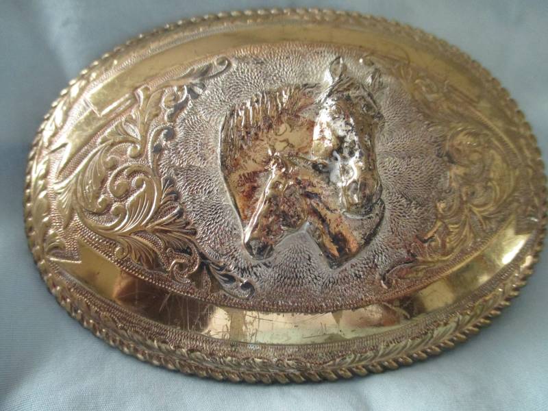 Vintage Crumrine Mare Faol 2 Pferdekopf Büste Figuren Gürtelschnalle von MezaL50