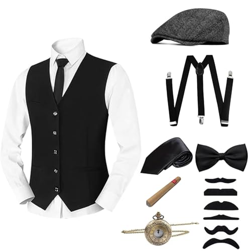Mezeic 1920er Jahre Herrenkostüm, 20er Jahre Kostüm Herren Great Gatsby Gangster Weste Fliege Newsboy Hut Taschenuhr Hosenträger Mafia Kostüm Herren Outfit Zubehör Set - XL von Mezeic