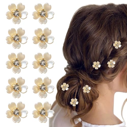 Mezrkuwr 10 Stück Cremeweiß Mini-Haarspangen mit Kristallblumen, Sommer-Strand-Zopf-Haar-Accessoires für Frauen, Krallenclips, Haarkrallen, Haarspangen, für Party, Hochzeit, Strand von Mezrkuwr