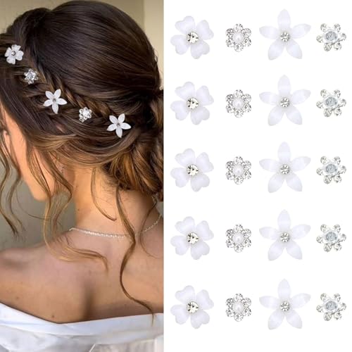 Mezrkuwr 20 Stück weiße kleine Blumen-Haarspangen, Blumen Haar Accessoires, Mini-süße Strass-Metall-Haarnadeln für Frauen, Haarspangen für Hochzeit, Haarschmuck, 4 Blumenmuster von Mezrkuwr