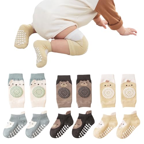 Mezrkuwr 3 Paar Baby Knieschoner und 3 Paar Baby Socken Baby Krabbeln set, Anti Rutsch mit Gummipunkte Krabbelschoner Stulpen Knieschützer für Kleinkinder 0-12 Monate von Mezrkuwr