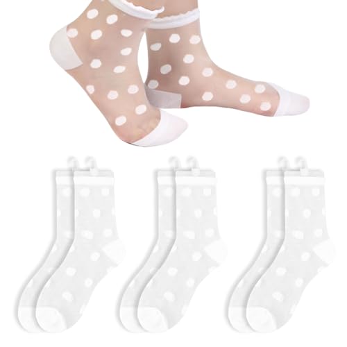Mezrkuwr 3 Paar Söckchen Damen mit Punkte-Stickerei – Durchsichtige Socken Dünne Weiß Feinstrümpfe Durchsichtige Netzsocken Sommer Knöchel Trachtensocken von Mezrkuwr