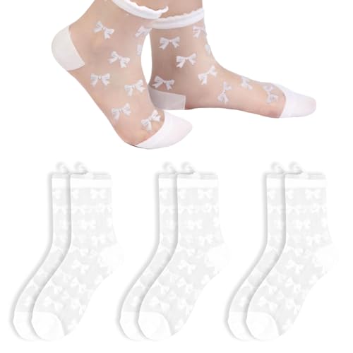 Mezrkuwr 3 Paar Söckchen Damen mit Schleifen-Stickerei – Durchsichtige Socken Dünne Weiß Feinstrümpfe Durchsichtige Netzsocken Sommer Knöchel Trachtensocken von Mezrkuwr