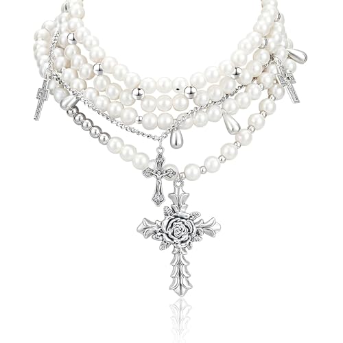 Mezrkuwr Mehrreihige Perlenkette, Statement-Halskette mit gotischem Kreuz und Perlen für Damen, übereinander tragen perlen perlenkette damen von Mezrkuwr
