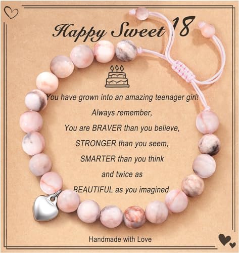 Mezrkuwr Rosa Naturstein-Armband, Geschenk zum 18. Geburtstag, Schmuckkarte, Geburtstagsgeschenke für Mädchen, kreatives Geschenk, Geschenke für beste Freunde von Mezrkuwr