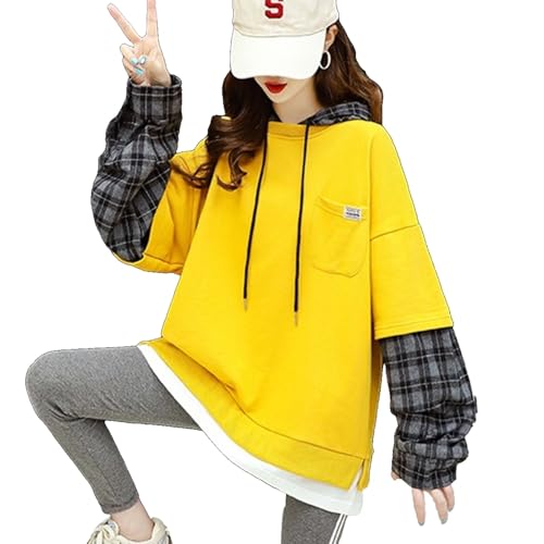Mfacl Süße Hoodies Sweatshirt Womens Kleidung Große Größe Frauen Lose Koreanische Version Gefälschte Zweiteilige Pullover Frauen Top (Color : Yellow, Size : XL) von Mfacl