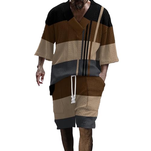 2 Teiler Herren Sommer Outfit Set Zweiteiler Strick Jacquard Trainingsanzug V-Ausschnitt Kurzarm T-Shirt und Shorts 2 Teiliges Sommerkleidung Casual Jogginganzug Freizeitanzug Sportanzug Tracksuit von Mfhmom