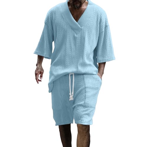 2 Teiler Herren Sommer Outfit Set Zweiteiler Strick Jacquard Trainingsanzug V-Ausschnitt Kurzarm T-Shirt und Shorts 2 Teiliges Sommerkleidung Casual Jogginganzug Freizeitanzug Sportanzug Tracksuit von Mfhmom