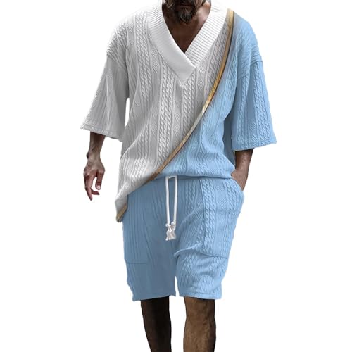2 Teiler Herren Sommer Outfit Set Zweiteiler Strick Jacquard Trainingsanzug V-Ausschnitt Kurzarm T-Shirt und Shorts 2 Teiliges Sommerkleidung Casual Jogginganzug Freizeitanzug Sportanzug Tracksuit von Mfhmom