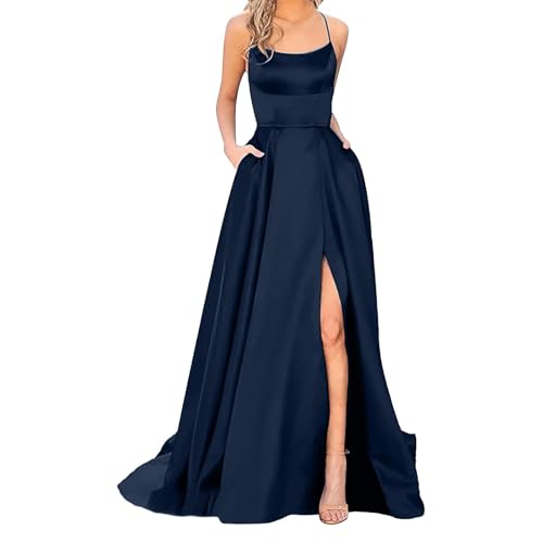 Abendkleider Damen Elegant Lange Ballkleider Satin A-Linie Backless Hochzeitskleid mit Taschen Cocktailkleider Sexy Neckholder Spaghetti Brautkleid Festlich Kleider Prinzessin Brautjungferkleid von Mfhmom