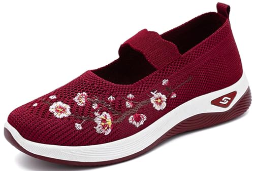 Atmungsaktive Orthopädische Schuhe für Damen mit Fußgewölbeunterstützung rutschfeste Schuhe in Bewegung 2024 Loafer Komfort Wohnungen Breite Fit Walking Slip-Ins Sneakers, rot, 36 EU von Mfhmom