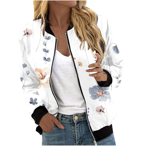 Bomberjacke Damen Blumenmuster Oversize Sommerjacke Damen Blouson Reißverschluss Übergangsjacke Herbst Frühling Jacket für Teenager Mädchen Langarm College Jacke Leichte Pilotenjacke Fliegerjacke von Mfhmom