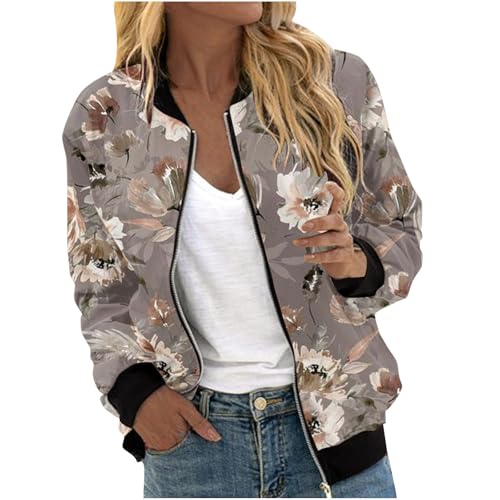 Bomberjacke Damen Blumenmuster Oversize Sommerjacke Damen Blouson Reißverschluss Übergangsjacke Herbst Frühling Jacket für Teenager Mädchen Langarm College Jacke Leichte Pilotenjacke Fliegerjacke von Mfhmom
