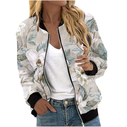 Bomberjacke Damen Blumenmuster Oversize Sommerjacke Damen Blouson Reißverschluss Übergangsjacke Herbst Frühling Jacket für Teenager Mädchen Langarm College Jacke Leichte Pilotenjacke Fliegerjacke von Mfhmom