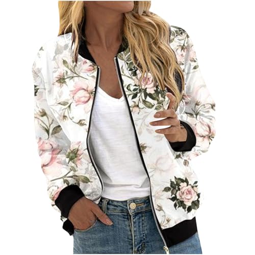 Bomberjacke Damen Blumenmuster Oversize Sommerjacke Damen Blouson Reißverschluss Übergangsjacke Herbst Frühling Jacket für Teenager Mädchen Langarm College Jacke Leichte Pilotenjacke Fliegerjacke von Mfhmom